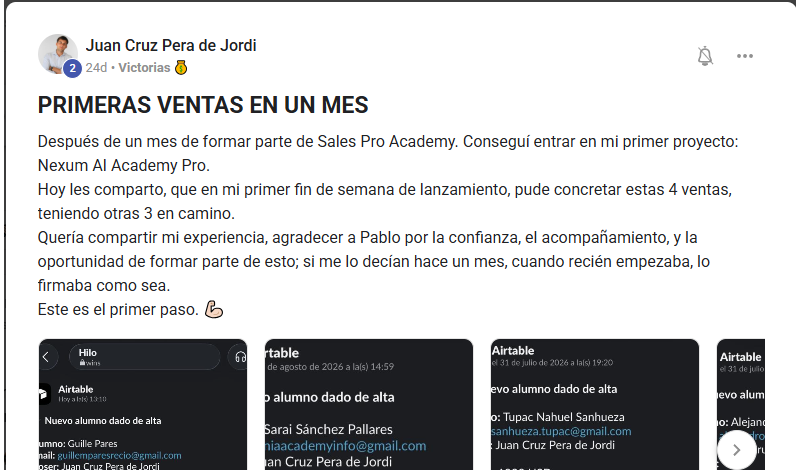 Testimonio de Juan Cruz Pera en Skool: Sus primeras 4 ventas en un mes