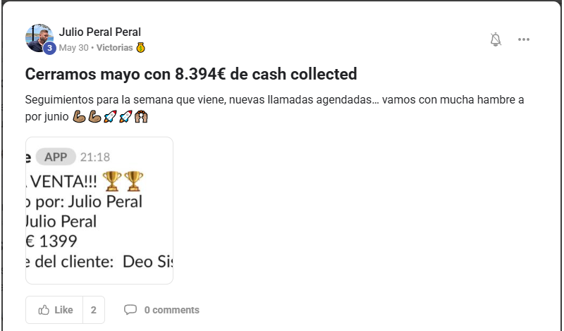 Testimonio de Julio Peral en Skool: 8.394€ de cash collected en un mes