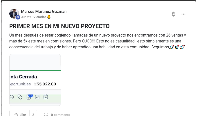 Testimonio de Marcos Martínez en Skool: 26 ventas y 55.022€ su primer mes
