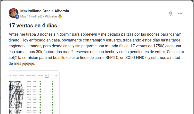 Testimonio de Maximiliano Gracia en Skool: 17 ventas en solo 4 días