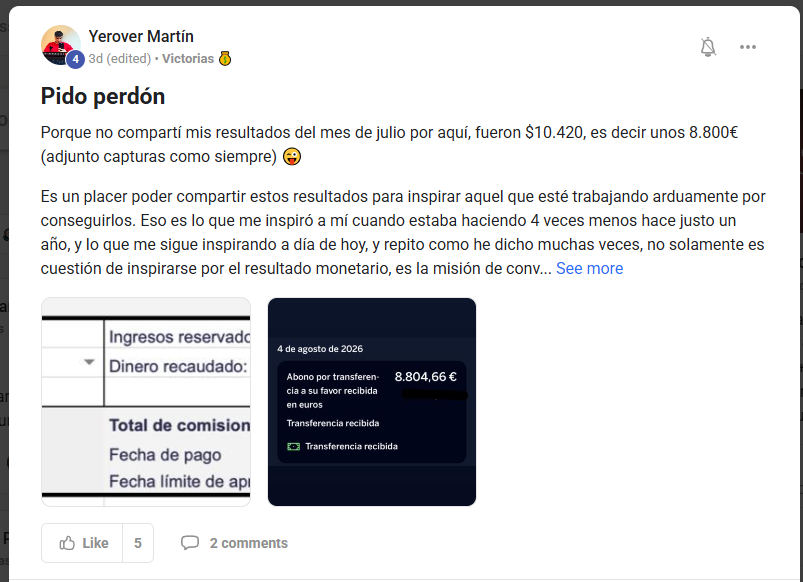 Testimonio de Yerover Martín en Skool: 8.804€ recibidos (mes de julio)
