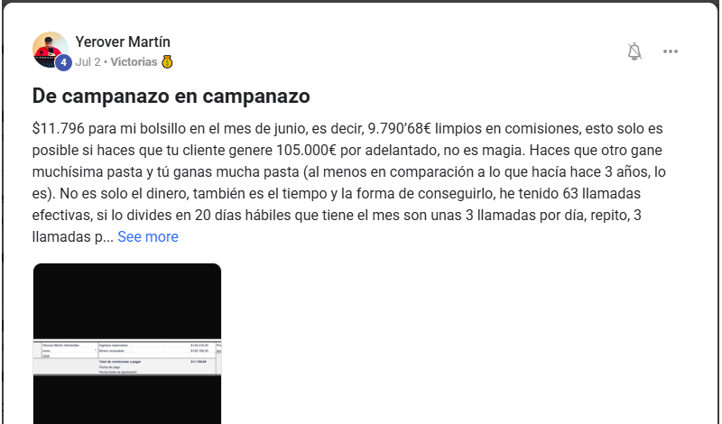 Testimonio de Yerover Martín en Skool: 9.790€ limpios en comisiones (un mes)
